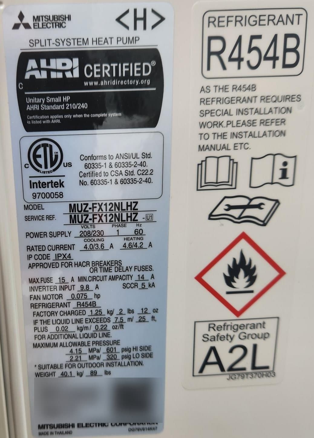 Mitsubishi Electric MUZ-FX12NLHZ outdoor unit label with R454B refrigerant sticker and A2L safety group mark, manufactured January 2026