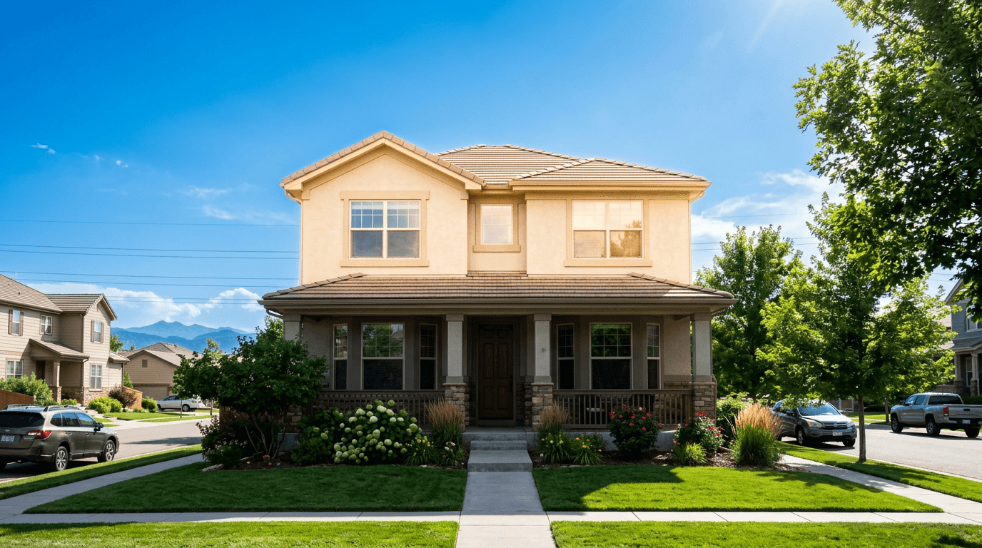 Two-story Denver home in summer with sun beating on upper level