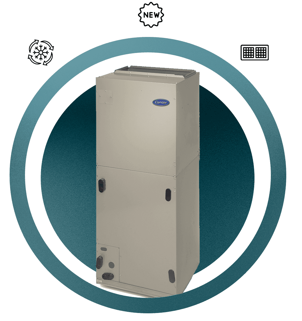 Carrier air handler with new badge on circular teal background