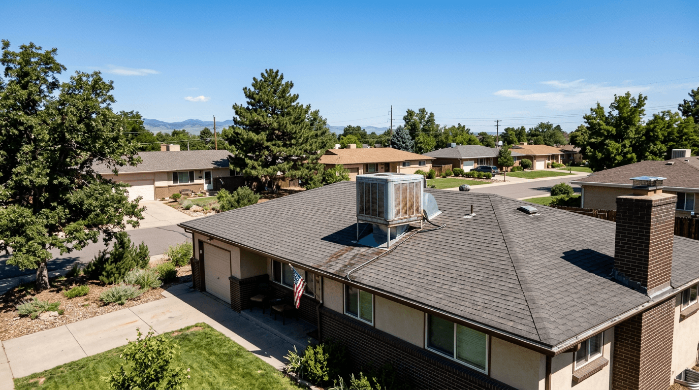 Swamp cooler on the roof of a Denver ranch home