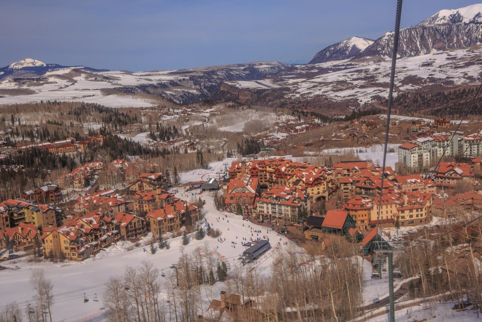 Telluride Mountain Village in winter with snow-covered San Juan peaks in the background