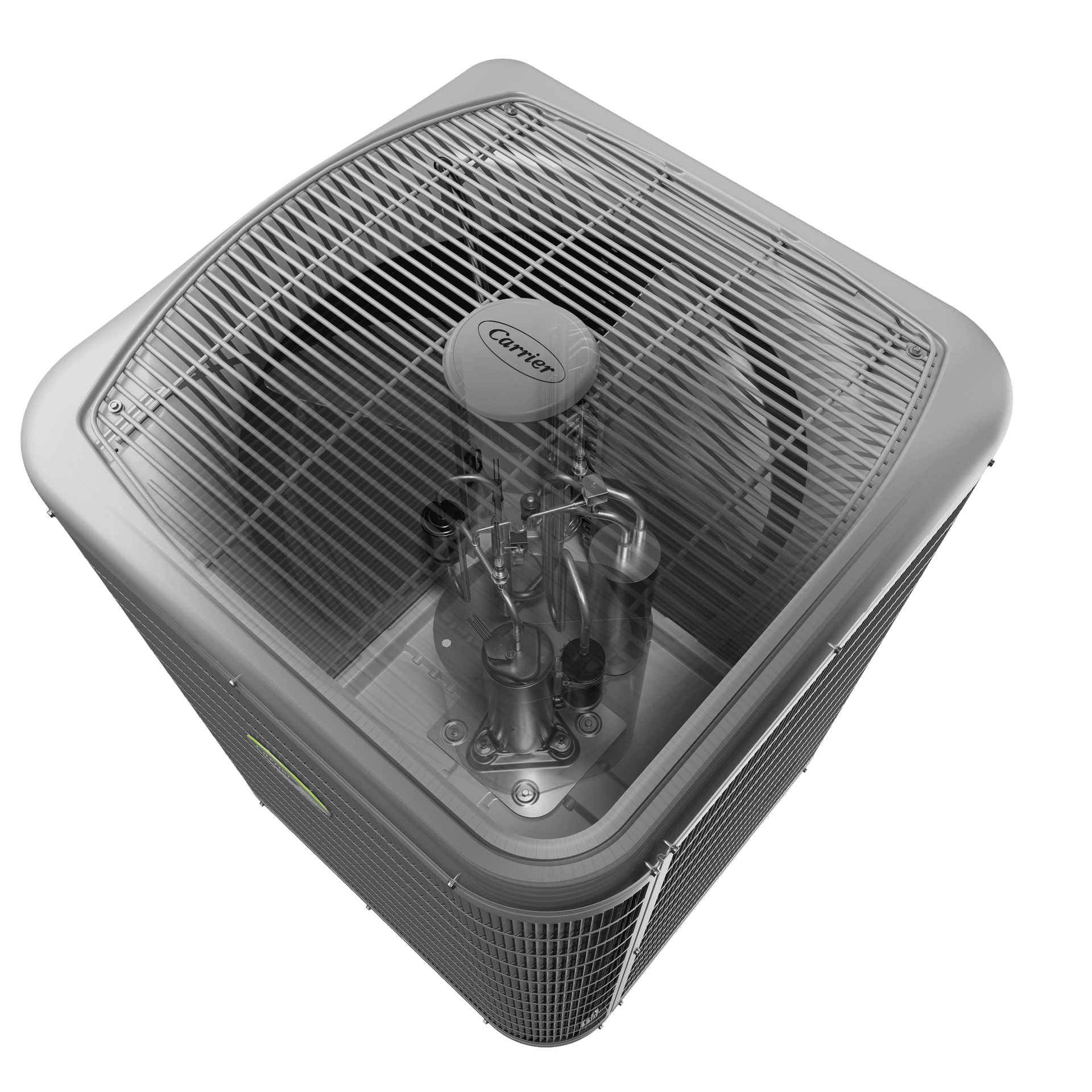 Carrier heat pump top quarter view showing internal components and Carrier logo