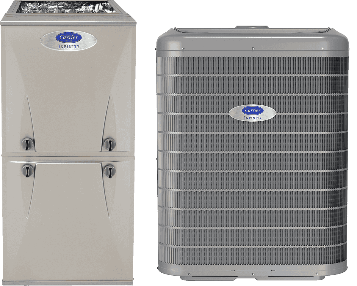 Carrier Infinity split system showing indoor air handler and outdoor condenser units side by side