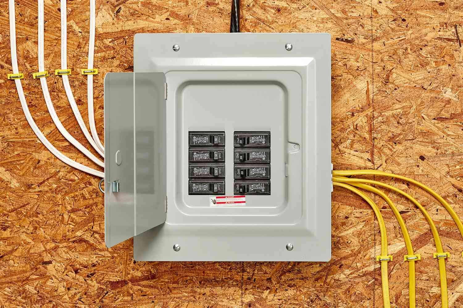 Electrical sub-panel with open door showing circuit breakers, white and yellow wiring on OSB background