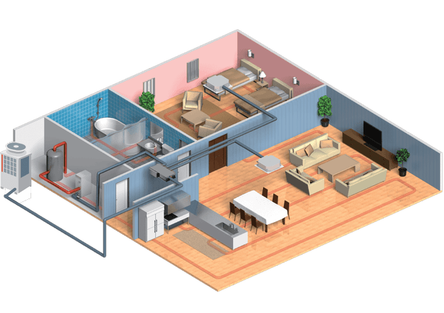 3D isometric floor plan diagram of a residential HVAC system showing furnace, AC, and duct layout