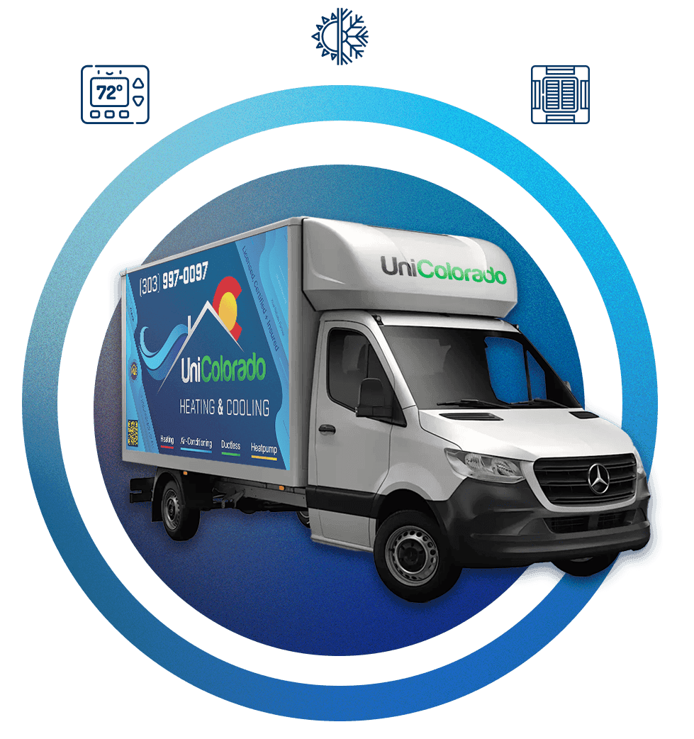 UniColorado truck with HVAC equipment - furnace, air conditioner, and heat pump