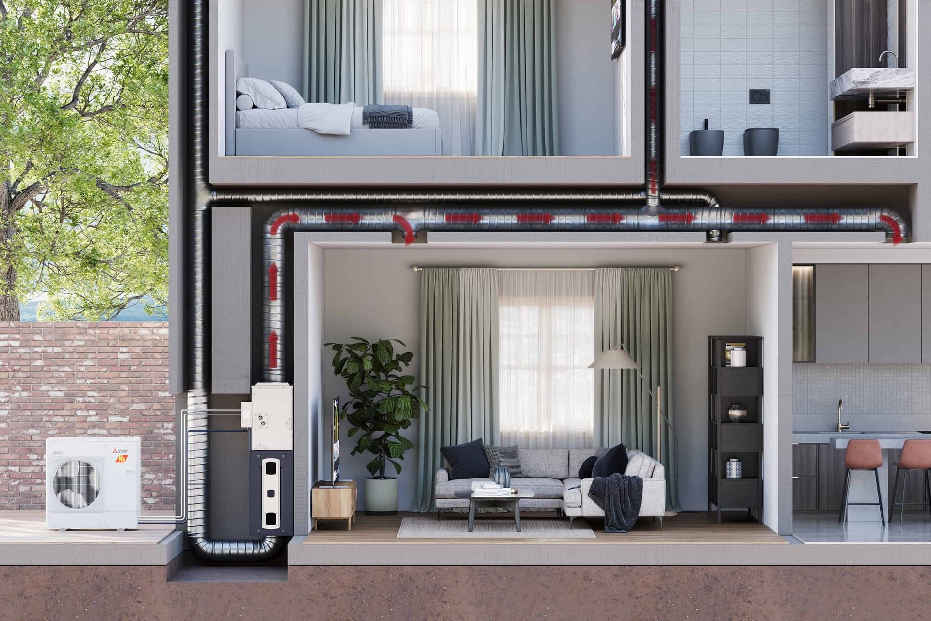3D cross-section render of a modern home showing ducted HVAC system with outdoor heat pump unit, indoor air handler, and ductwork running through multiple floors
