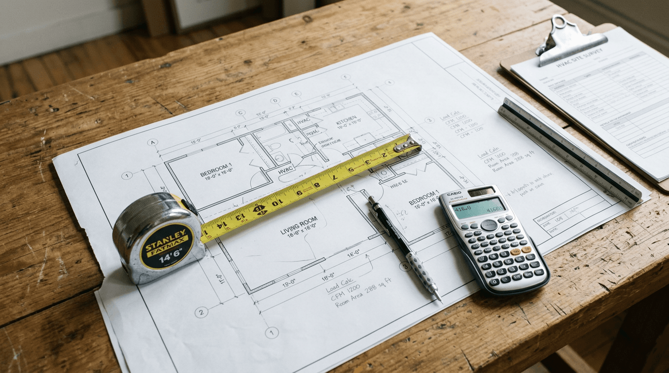 HVAC sizing calculator with blueprint and tape measure