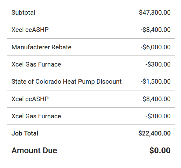 UniColorado invoice showing Xcel cold climate rebate lines and the State of Colorado Heat Pump Discount line