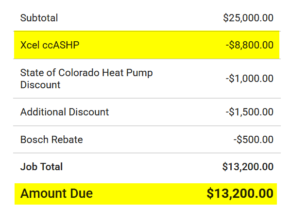 UniColorado invoice showing rebate line-item discounts