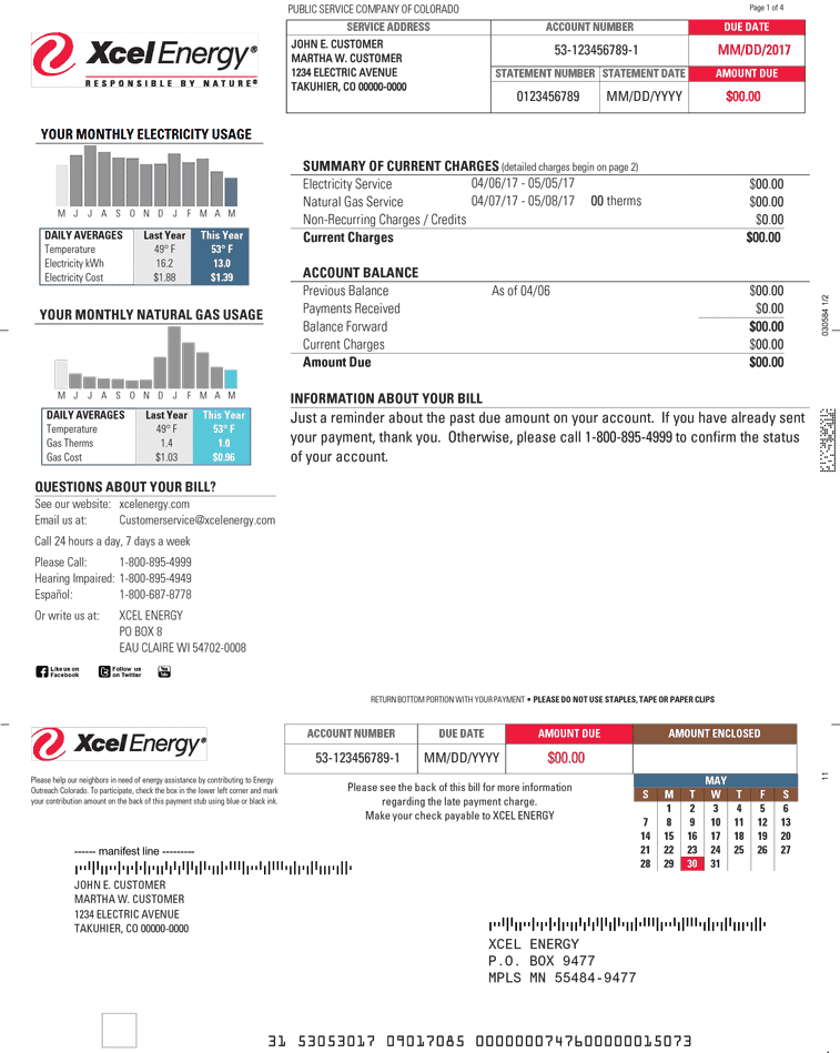 Xcel Energy electricity and gas bill showing monthly charges