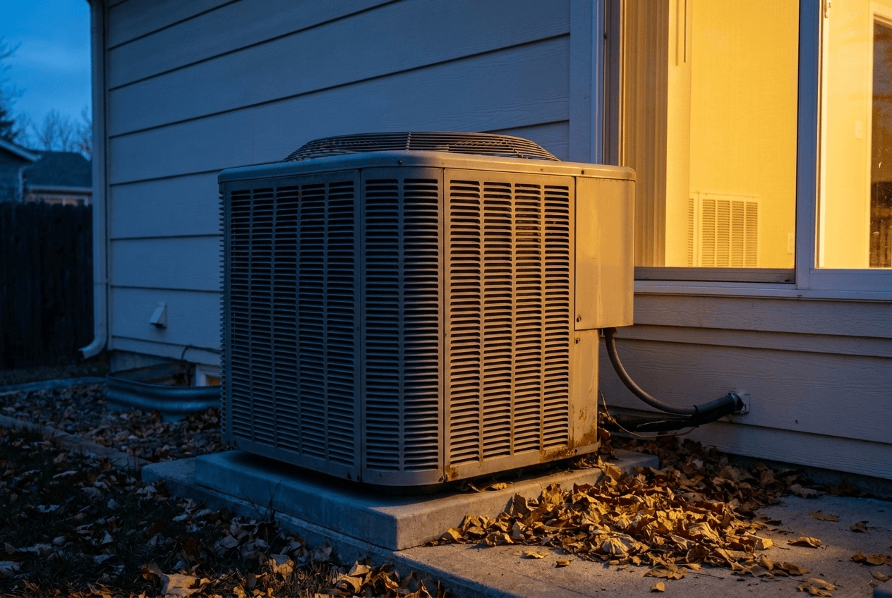 Service technician evaluating an aging AC condenser for repair vs replacement decision