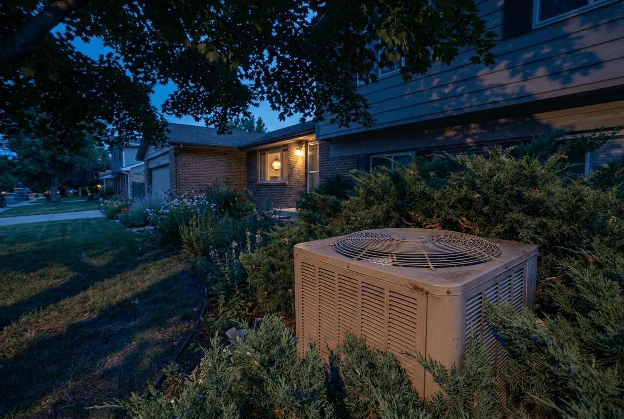 Weathered outdoor AC condenser at a Denver home showing sun-bleached cabinet