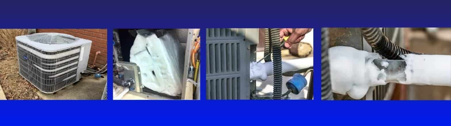 Frozen refrigerant lines with ice buildup on outdoor unit against brick wall