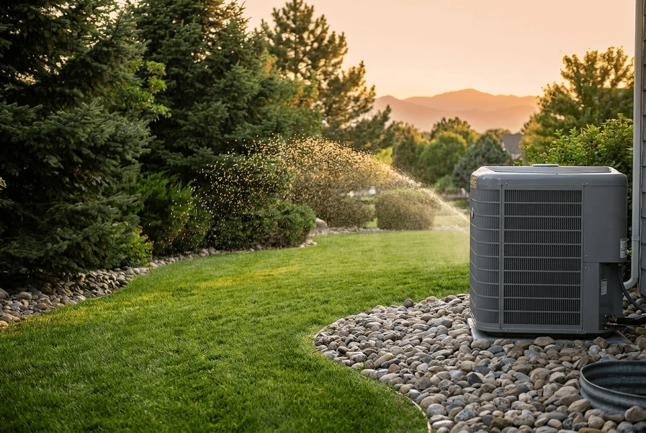 Modern outdoor heat pump unit at a Denver home in summer