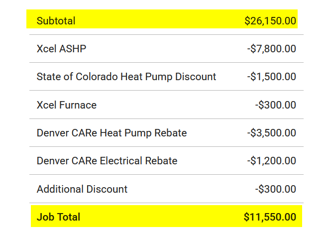 real customer invoice with denver and xcel heat pump rebates