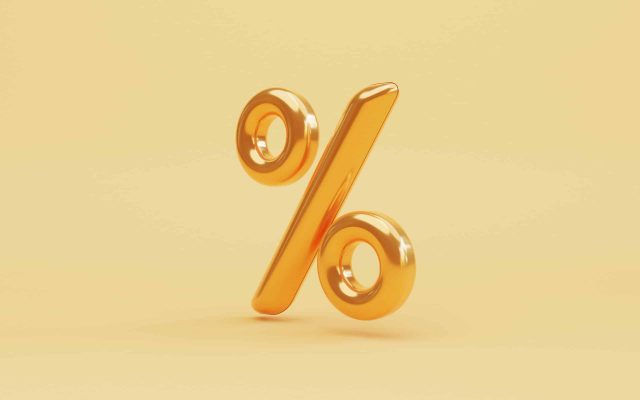 Golden percentage sign symbol on yellow for discount, sale promotion concept by 3d render.